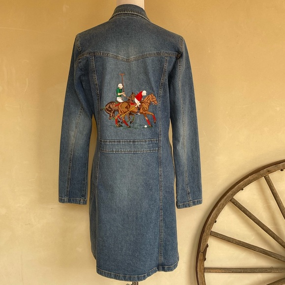 OOAK EMBROIDERED POLO PONY HORSE SCENE Denim Coat by Halogen Woman’s S Vtg RARE! - Picture 1 of 15